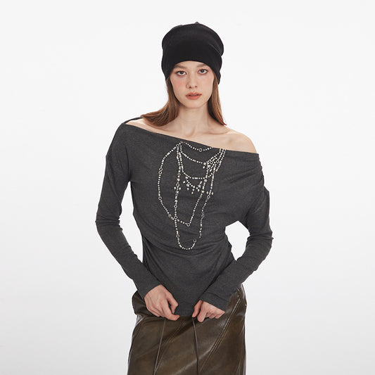 Women's Viscose Blend Off-Shoulder Rhinestone Long Sleeve Top
