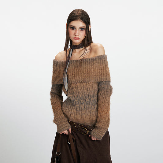 Women's Ombre Off-Shoulder Cable Knit Long Sleeve Pullover Sweater
