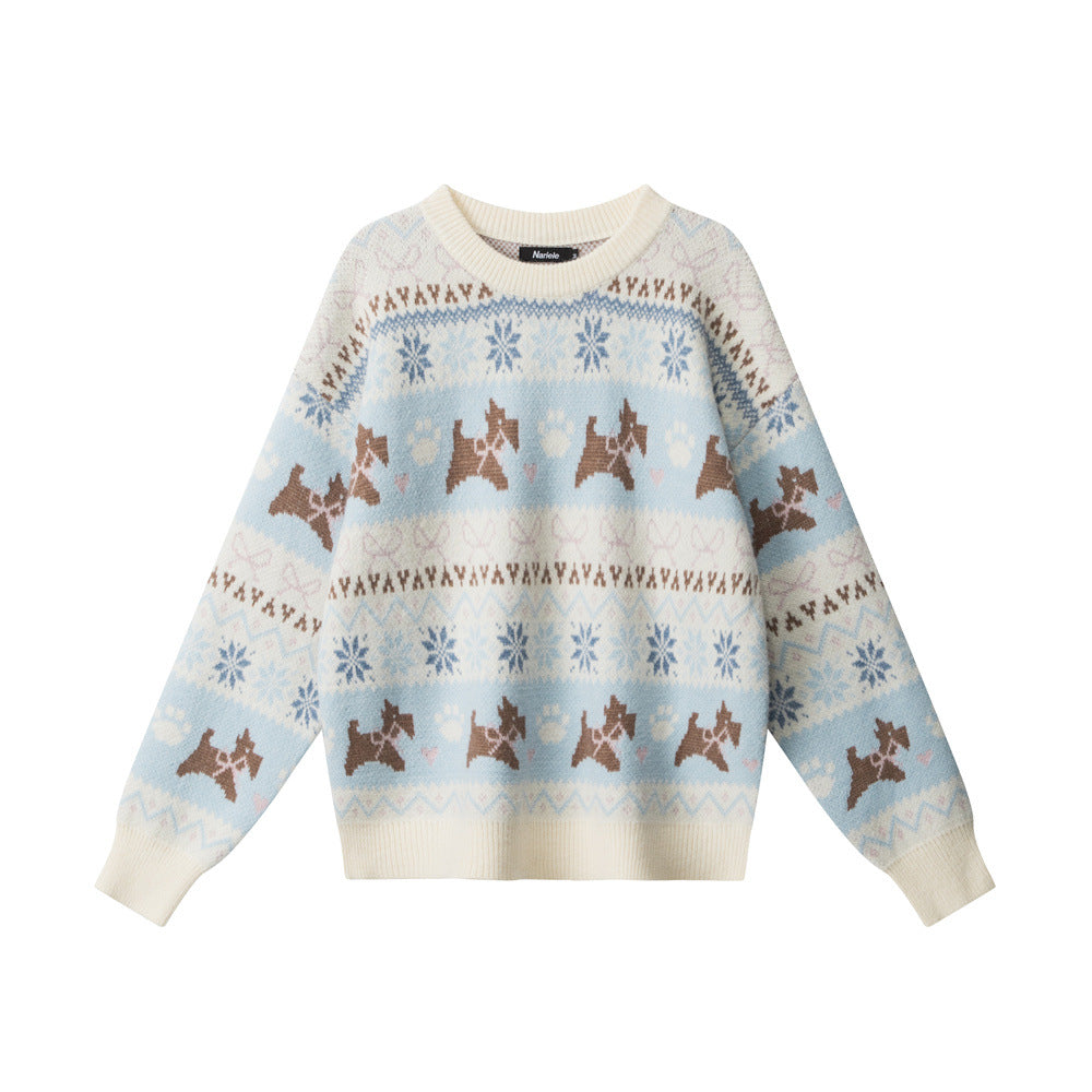 Women's Jacquard Knit Animal Pattern Crew Neck Loose Pullover Sweater