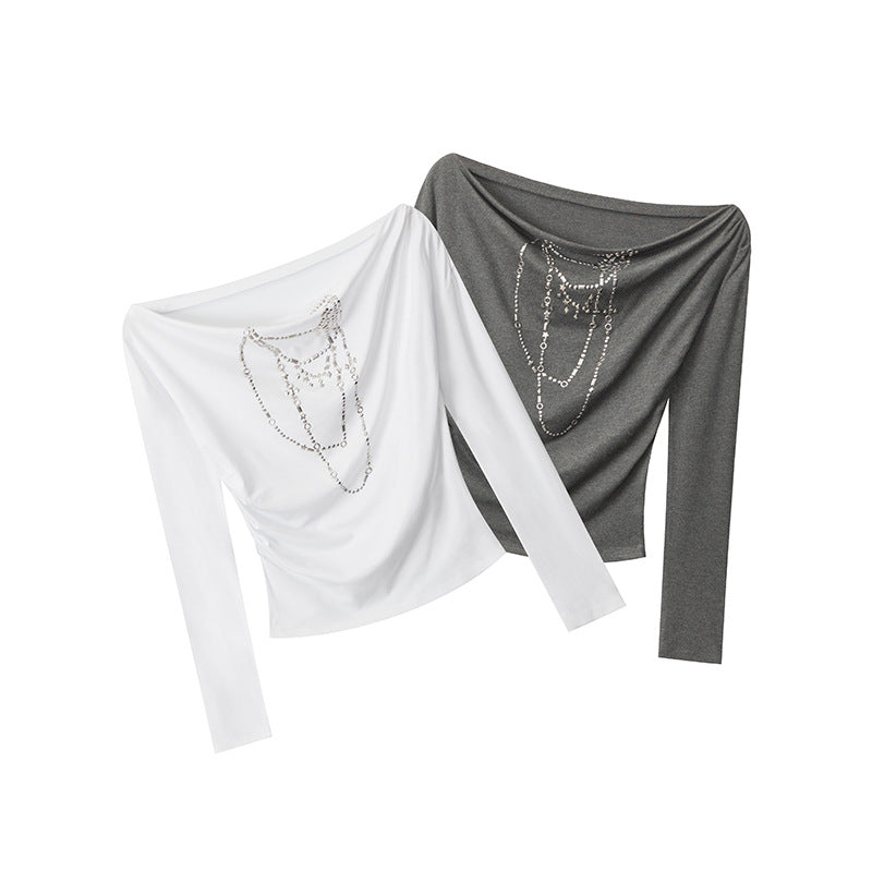 Women's Viscose-Blend Off-Shoulder Rhinestone Long-Sleeve Top
