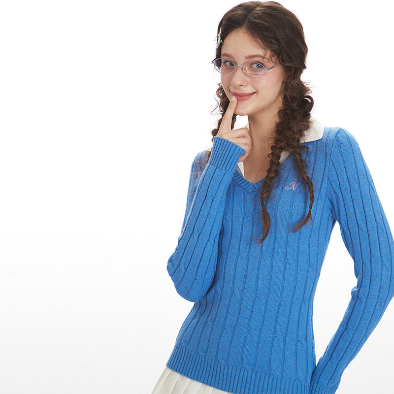 Women's Contrast Collar V-Neck Cable Knit Long Sleeve Pullover Sweater