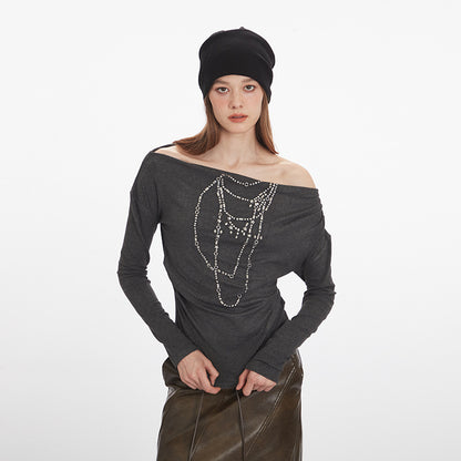 Women's Viscose-Blend Off-Shoulder Rhinestone Long-Sleeve Top