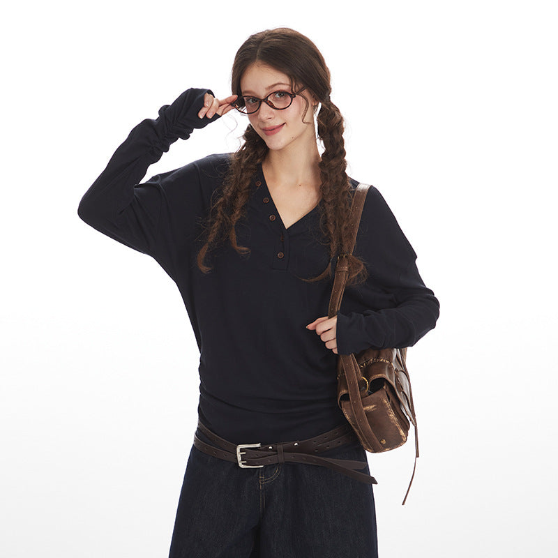 Women's Lyocell Blend V-Neck Button-Down Long Sleeve Top