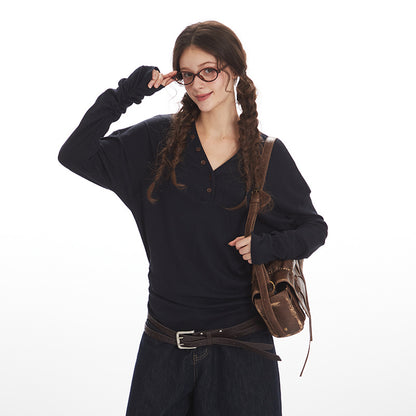 Women's Lyocell Blend V-Neck Button-Down Long Sleeve Top