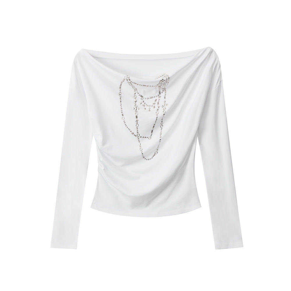 Women's Viscose-Blend Off-Shoulder Rhinestone Long-Sleeve Top