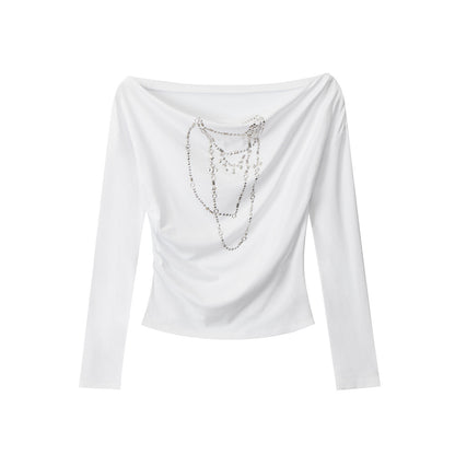 Women's Viscose-Blend Off-Shoulder Rhinestone Long-Sleeve Top