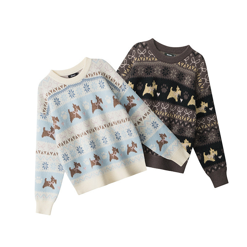 Women's Jacquard Knit Animal Pattern Crew Neck Loose Pullover Sweater