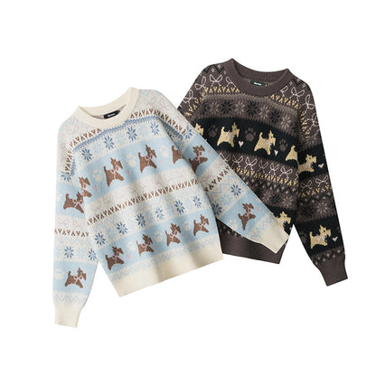 Women's Jacquard Knit Animal Pattern Crew Neck Loose Pullover Sweater