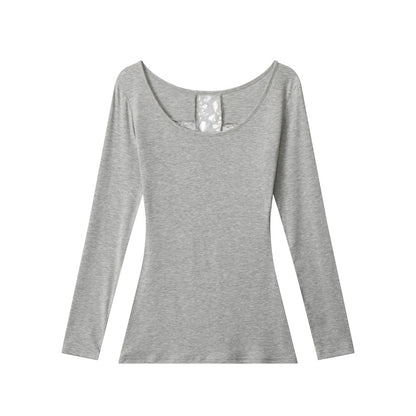 Women's Lyocell Low-Neck Lace-Detail Long-Sleeve Top
