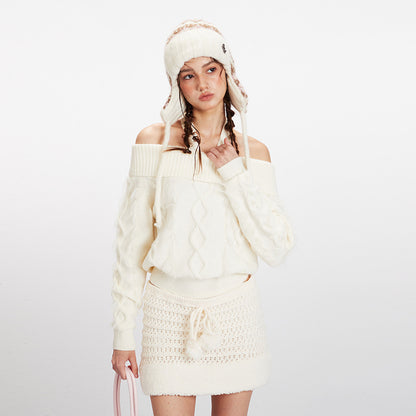 Women's Off-Shoulder Cable-Knit Drawstring Sweater