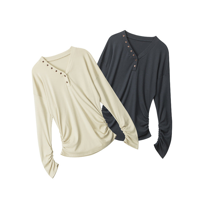 Women's Lyocell Blend V-Neck Button-Down Long Sleeve Top