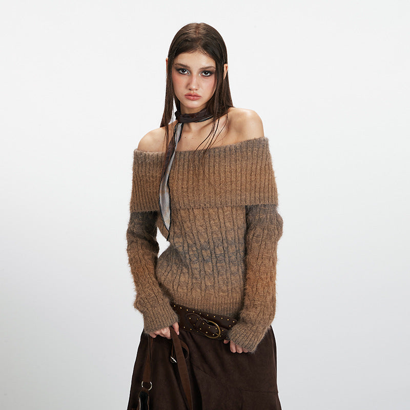 Women's Ombre Off-Shoulder Cable Knit Long Sleeve Pullover Sweater