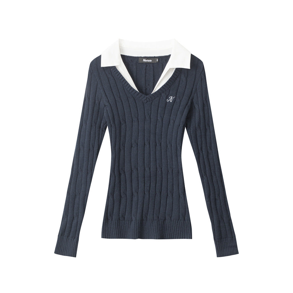 Women's Contrast Collar V-Neck Cable Knit Long Sleeve Pullover Sweater