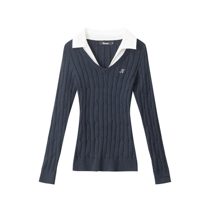 Women's Contrast Collar V-Neck Cable Knit Long Sleeve Pullover Sweater