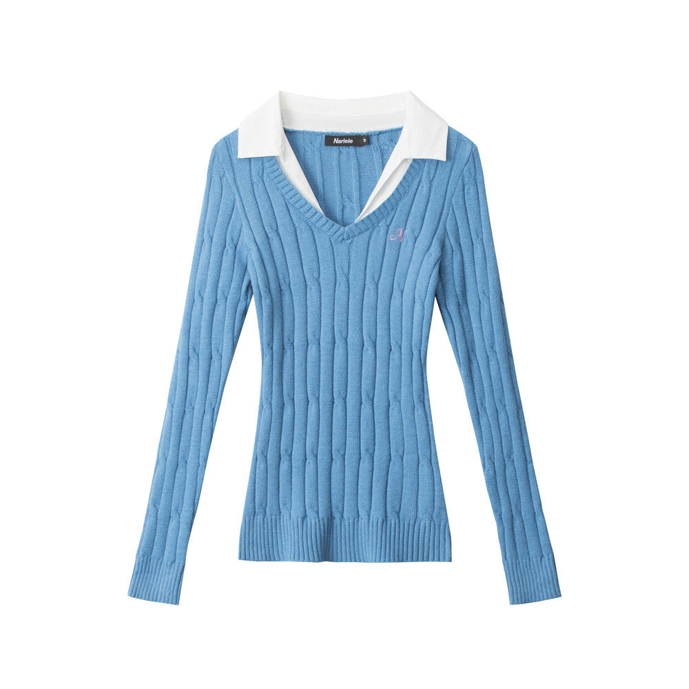 Women's Contrast Collar V-Neck Cable Knit Long Sleeve Pullover Sweater