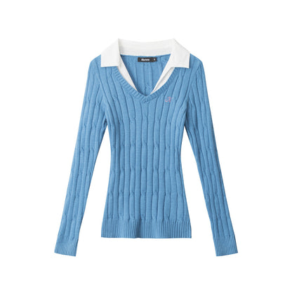 Women's Contrast Collar V-Neck Cable Knit Long Sleeve Pullover Sweater