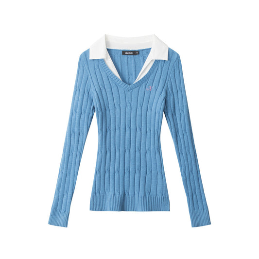 Women's Contrast Collar V-Neck Cable Knit Long Sleeve Pullover Sweater