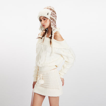 Women's Off-Shoulder Cable-Knit Drawstring Sweater