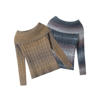 Women's Ombre Off-Shoulder Cable Knit Long Sleeve Pullover Sweater