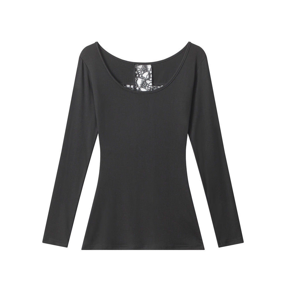 Women's Lyocell Low-Neck Lace-Detail Long-Sleeve Top