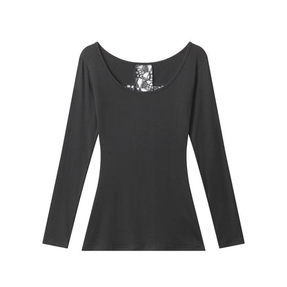 Women's Lyocell Low-Neck Lace-Detail Long-Sleeve Top