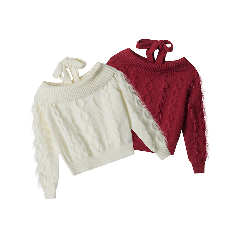 Women's Off-Shoulder Cable-Knit Drawstring Sweater