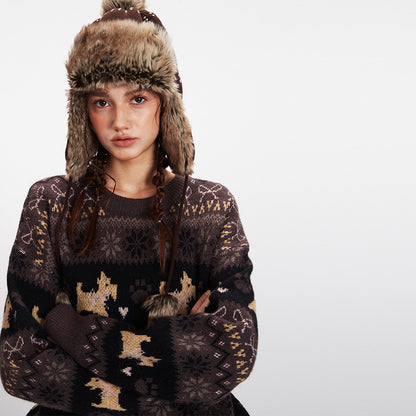 Women's Jacquard Knit Animal Pattern Crew Neck Loose Pullover Sweater