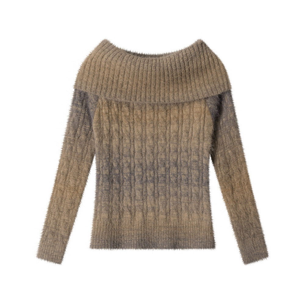 Women's Ombre Off-Shoulder Cable Knit Long Sleeve Pullover Sweater