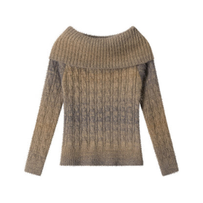 Women's Ombre Off-Shoulder Cable Knit Long Sleeve Pullover Sweater