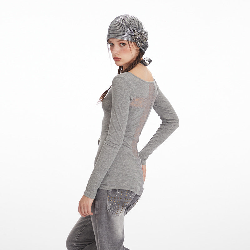 Women's Lyocell Low-Neck Lace-Detail Long-Sleeve Top