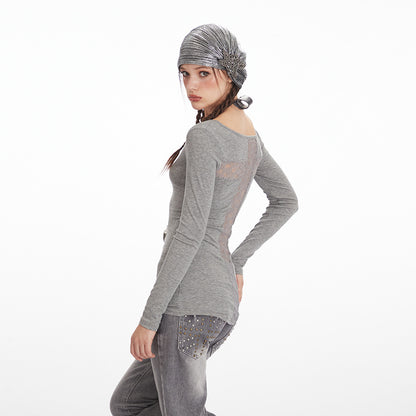 Women's Lyocell Low-Neck Lace-Detail Long-Sleeve Top