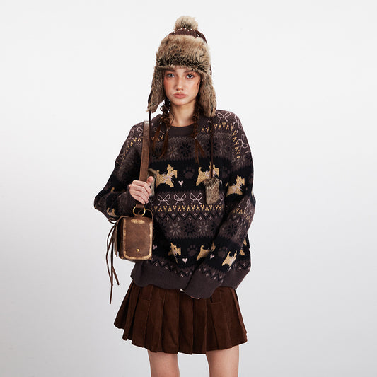 Women's Jacquard Knit Animal Pattern Crew Neck Loose Pullover Sweater