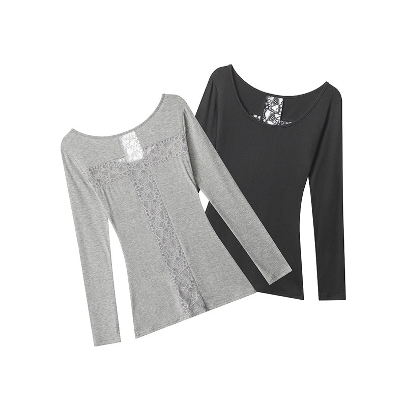 Women's Lyocell Low-Neck Lace-Detail Long-Sleeve Top