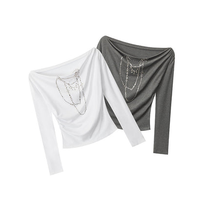 Women's Viscose-Blend Off-Shoulder Rhinestone Long-Sleeve Top