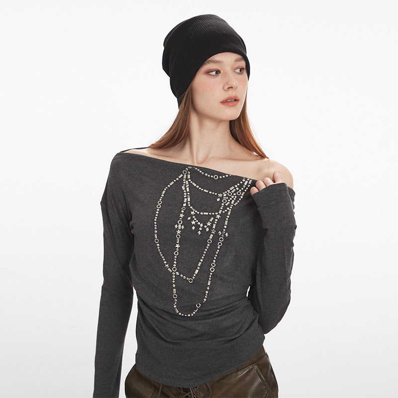 Women's Viscose-Blend Off-Shoulder Rhinestone Long-Sleeve Top