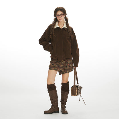 Women's Fleece Collar Zip-Up Corduroy Loose Fit Jacket