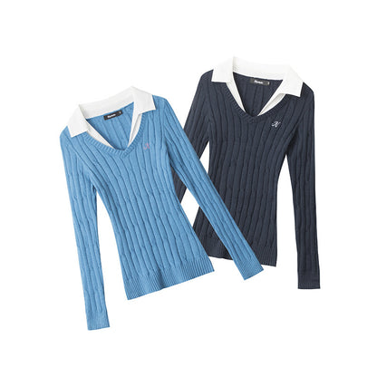 Women's Contrast Collar V-Neck Cable Knit Long Sleeve Pullover Sweater