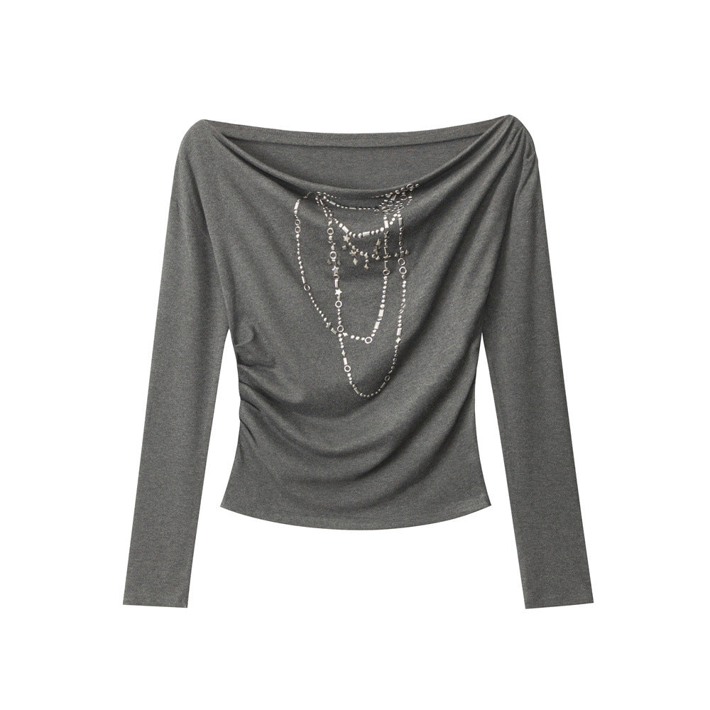 Women's Viscose-Blend Off-Shoulder Rhinestone Long-Sleeve Top