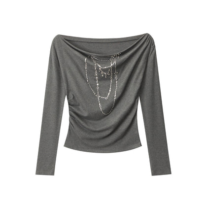 Women's Viscose-Blend Off-Shoulder Rhinestone Long-Sleeve Top