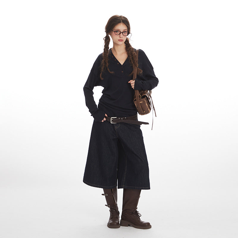 Women's Lyocell Blend V-Neck Button-Down Long Sleeve Top