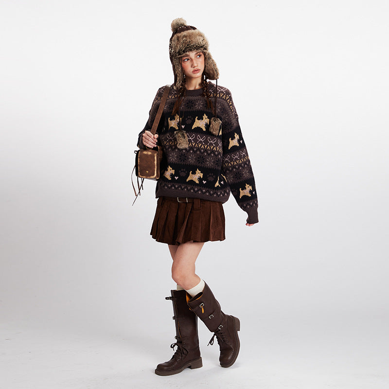 Women's Jacquard Knit Animal Pattern Crew Neck Loose Pullover Sweater