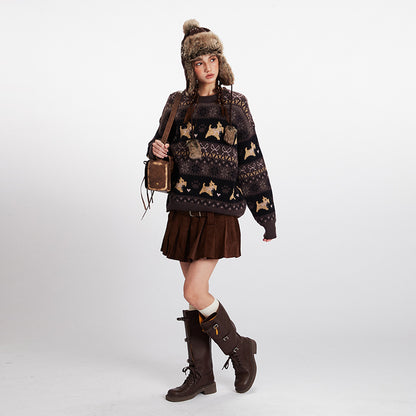 Women's Jacquard Knit Animal Pattern Crew Neck Loose Pullover Sweater
