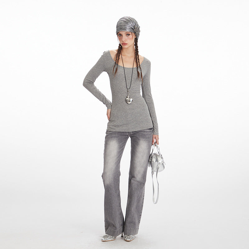 Women's Lyocell Low-Neck Lace-Detail Long-Sleeve Top