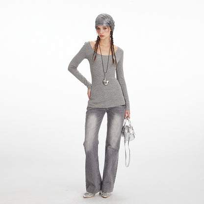 Women's Lyocell Low-Neck Lace-Detail Long-Sleeve Top