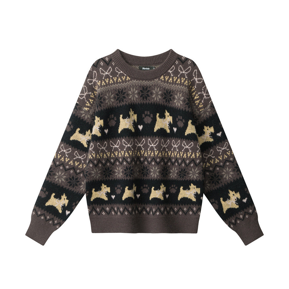 Women's Jacquard Knit Animal Pattern Crew Neck Loose Pullover Sweater
