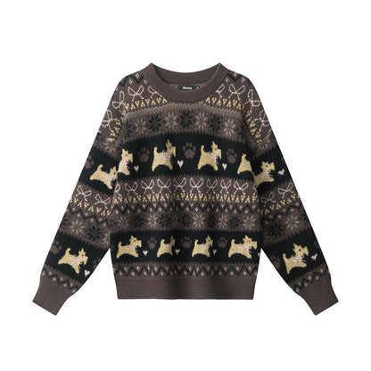 Women's Jacquard Knit Animal Pattern Crew Neck Loose Pullover Sweater