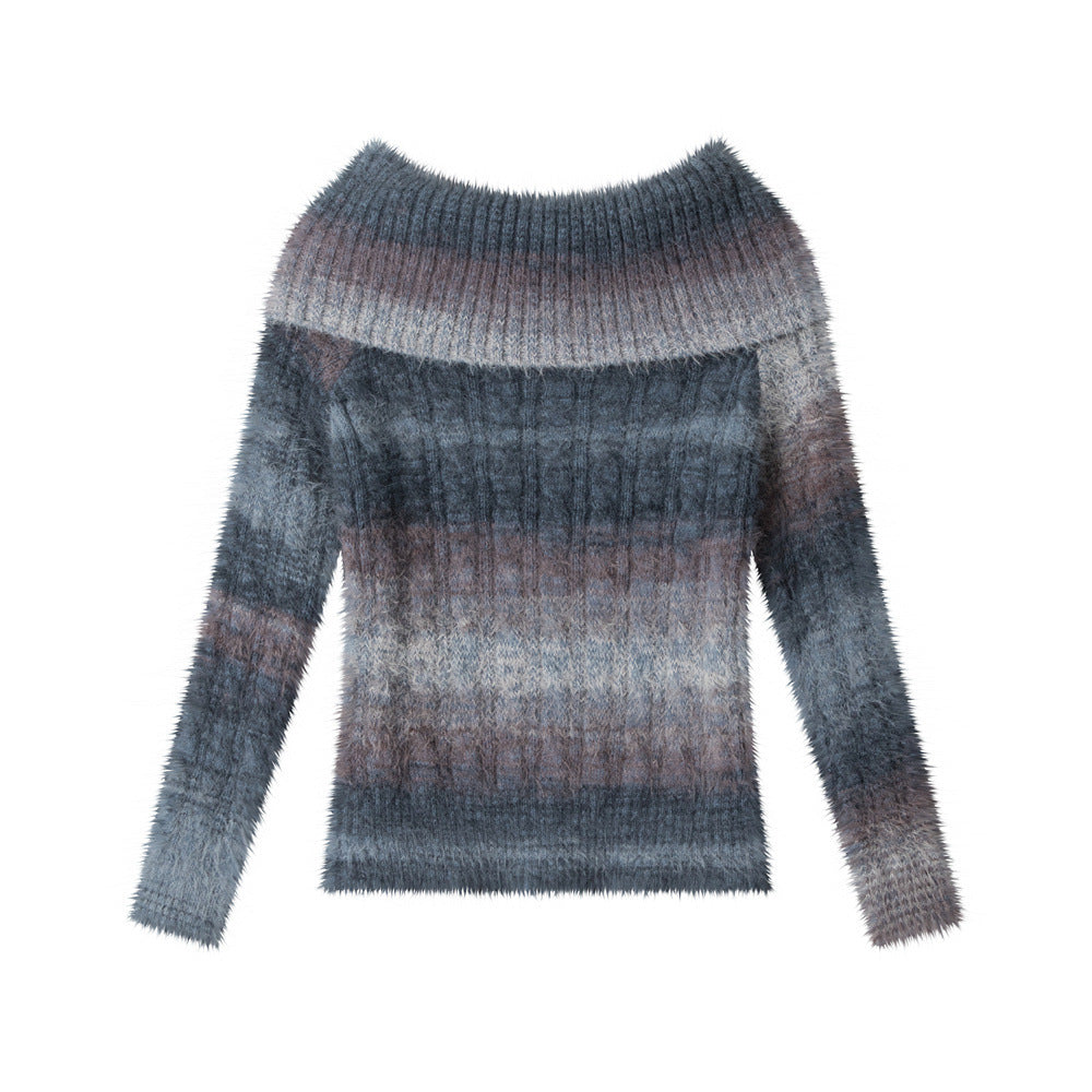 Women's Ombre Off-Shoulder Cable Knit Long Sleeve Pullover Sweater