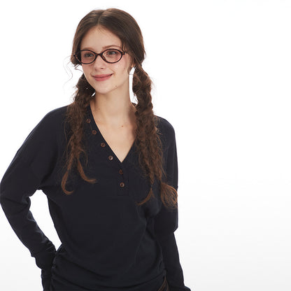 Women's Lyocell Blend V-Neck Button-Down Long Sleeve Top